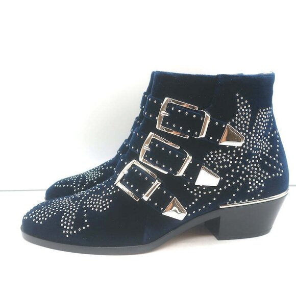 Chloe Susanna Studded Velvet Ankle Boots Navy Size 35.5 Buckle Booties NEW - Picture 6 of 11